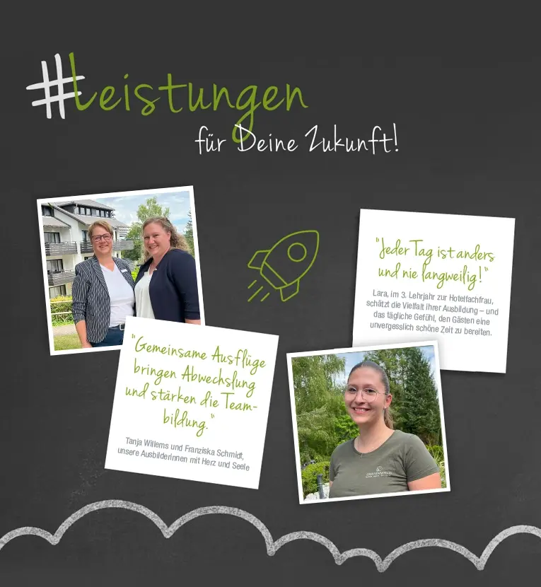 Schiefertafel mit Polaroidfotos und Zitaten der Ausbildungs-Ansprechpartnerin und eines Azubis