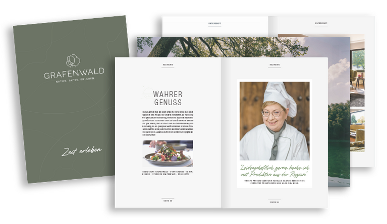 Darstellung Imagebroschüre des Sporthotel Grafenwald Titelseite und Inhaltsseiten